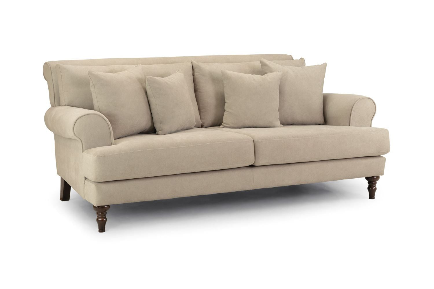 Beige Fabric 3 Seater Scrolled Arm Sofa with Wooden Feet