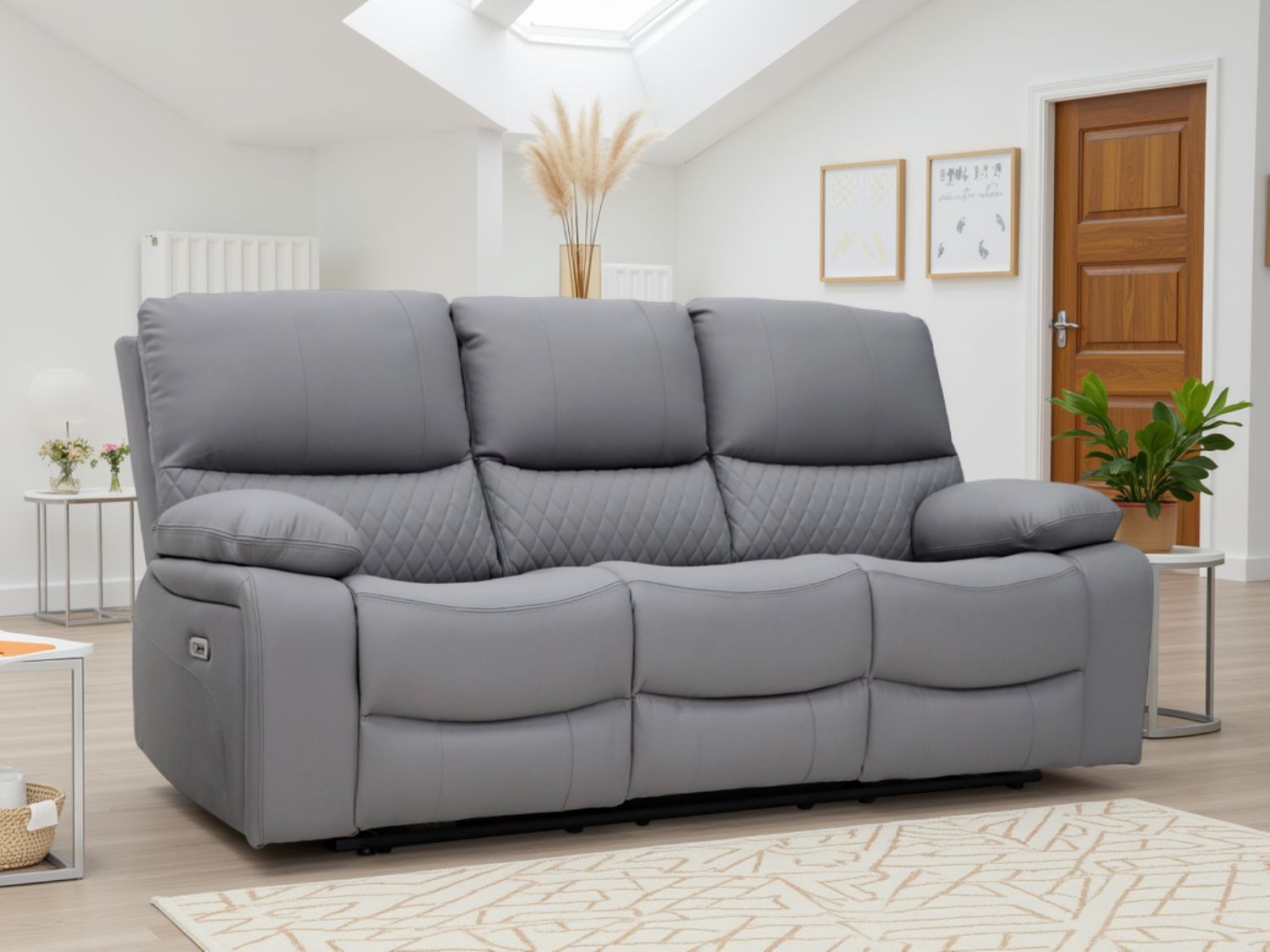 Grey Leather 3 Seater Electric Recliner Sofa with Cup Holder