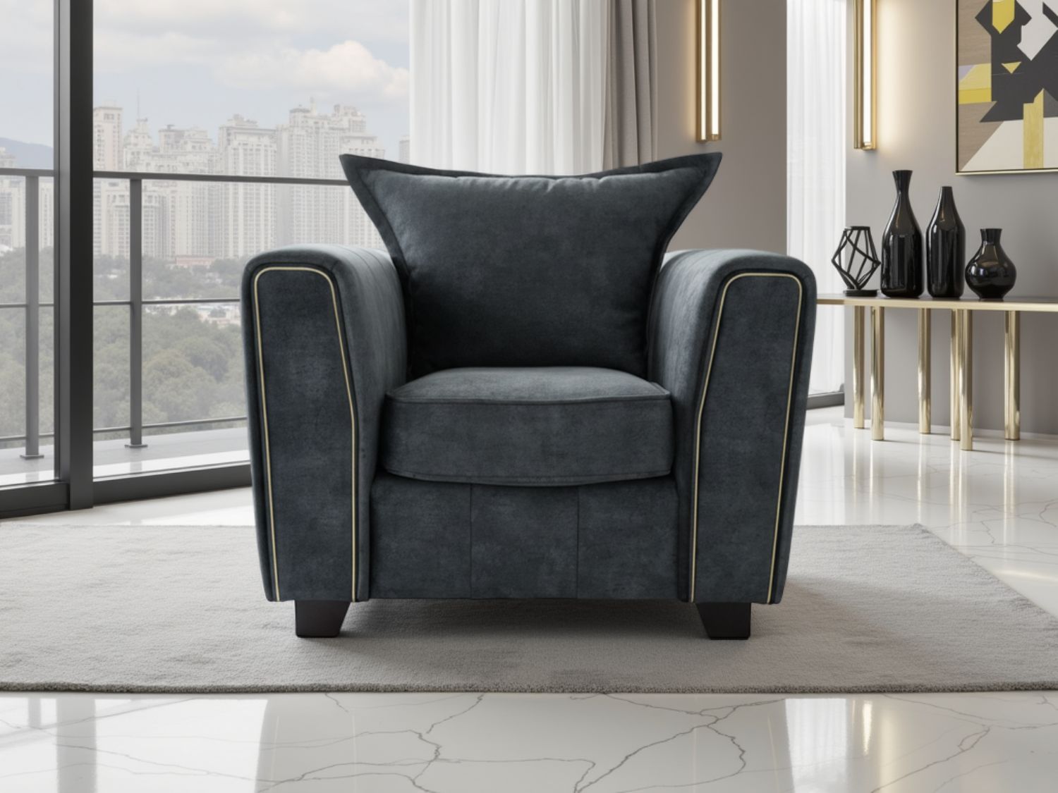 Charcoal Black Velvet Fabric Armchair with Metal Trim Arms