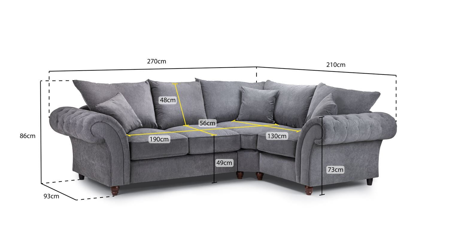 Grey Fabric Corner Fullback Sofa with Scroll Arms RHF