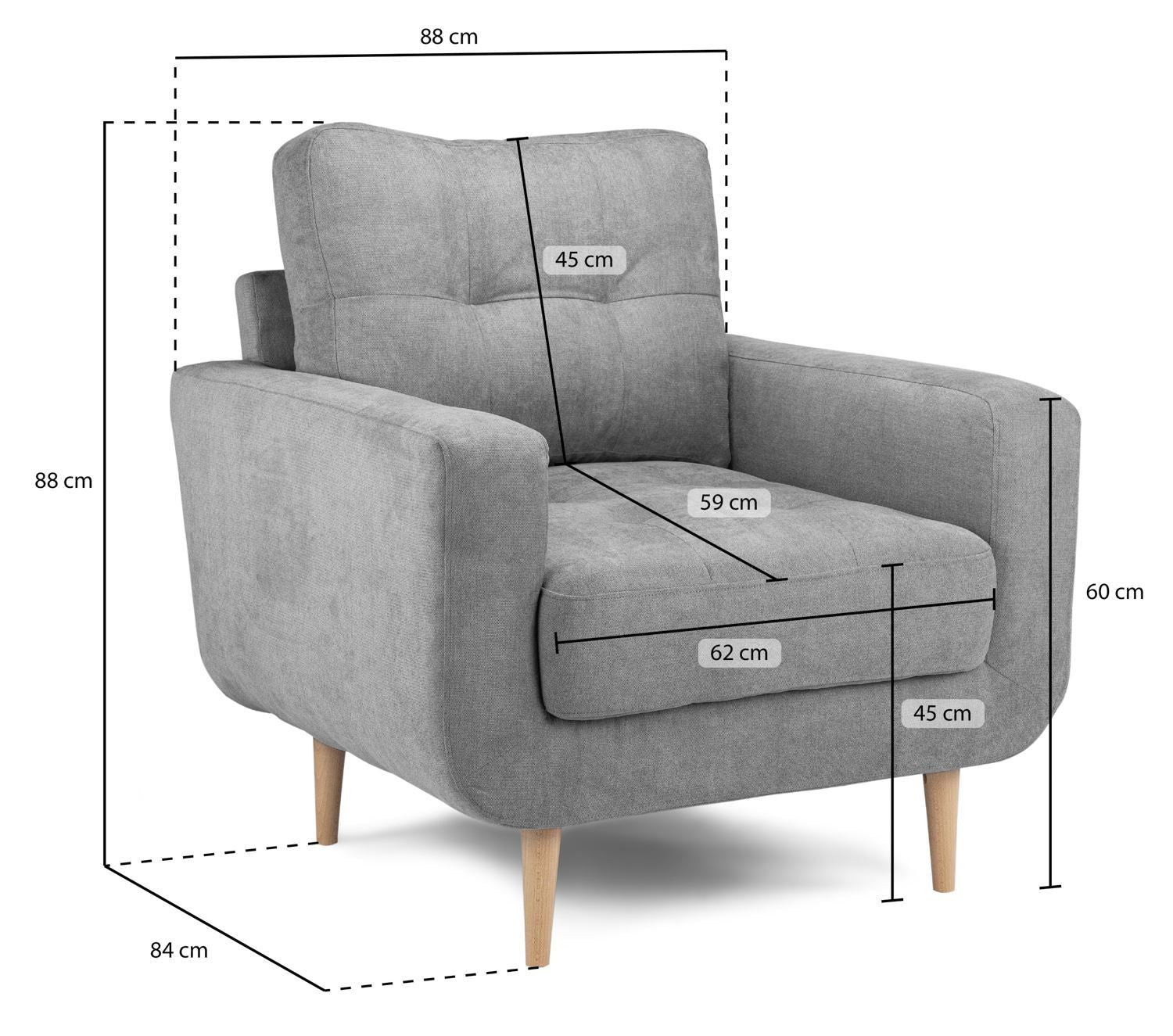 Grey Fabric Tufted Design Armchair Solid Wood Frame