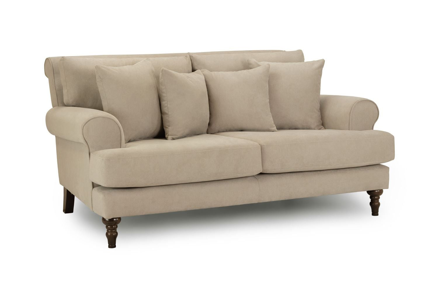 Beige Fabric 2 Seater Scrolled Arms Sofa with Wooden Feet