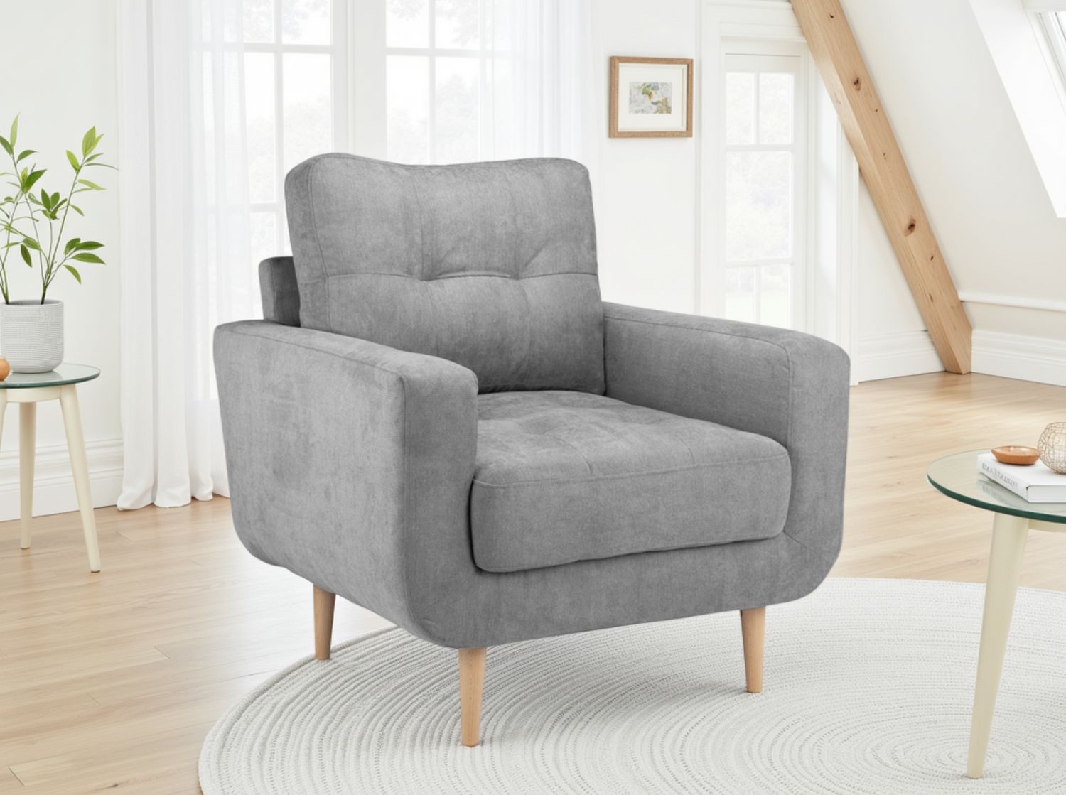 Grey Fabric Tufted Design Armchair Solid Wood Frame