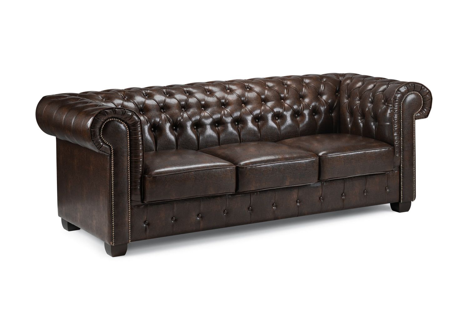 Antique Brown Bonded Leather 3 Seater Chesterfield Sofa