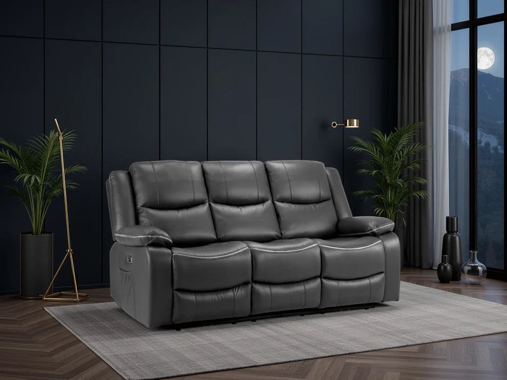 Black Leather High Back 3 Seater Electric Recliner Sofa