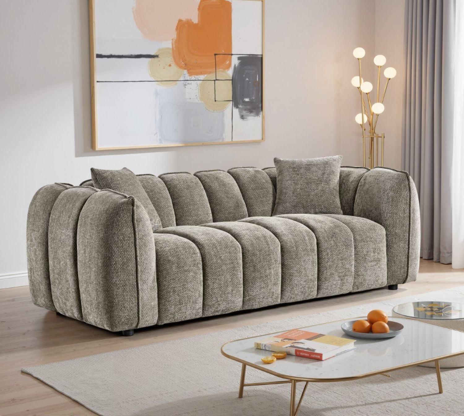 Mocha Fabric Channel Tufted Design 3 Seater Sofa