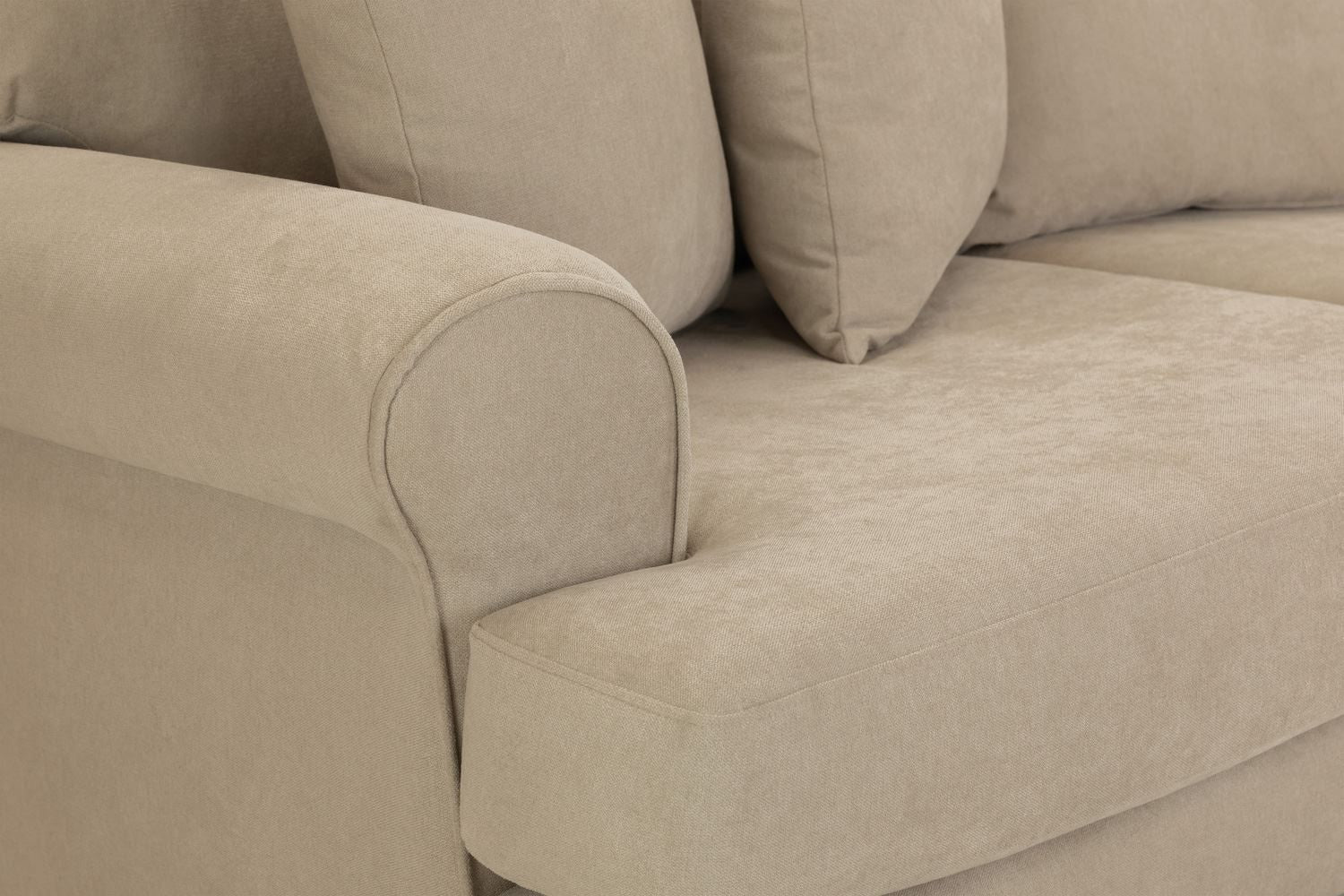 Beige Fabric 2 Seater Scrolled Arms Sofa with Wooden Feet