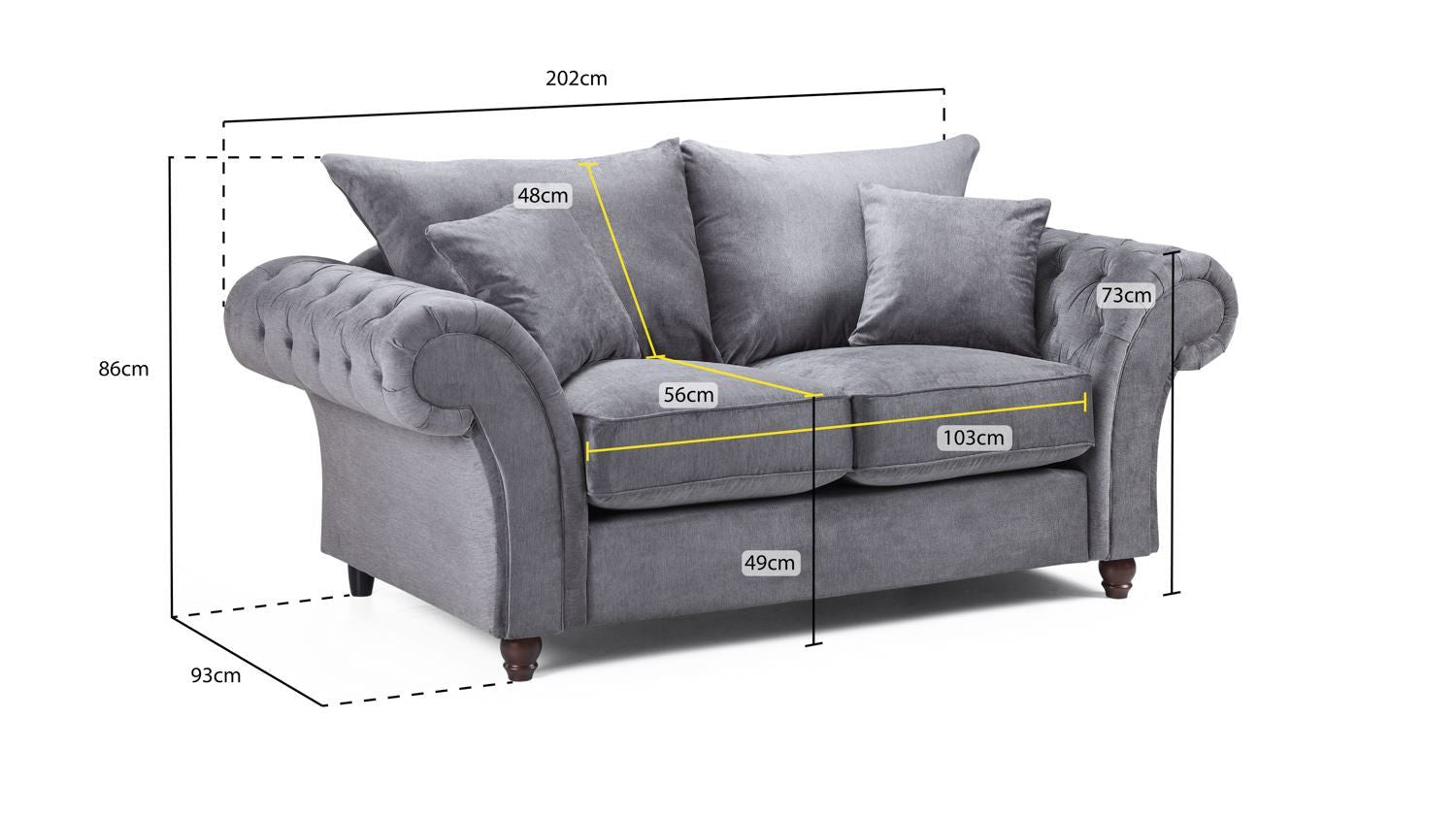 Grey Fabric 2 Seater Fullback Sofa with Tufted Arms