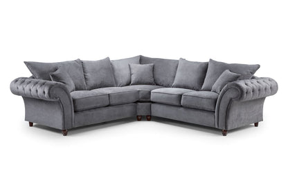 Grey Fabric Large Fullback Corner Sofa Buttoned Scroll Arms