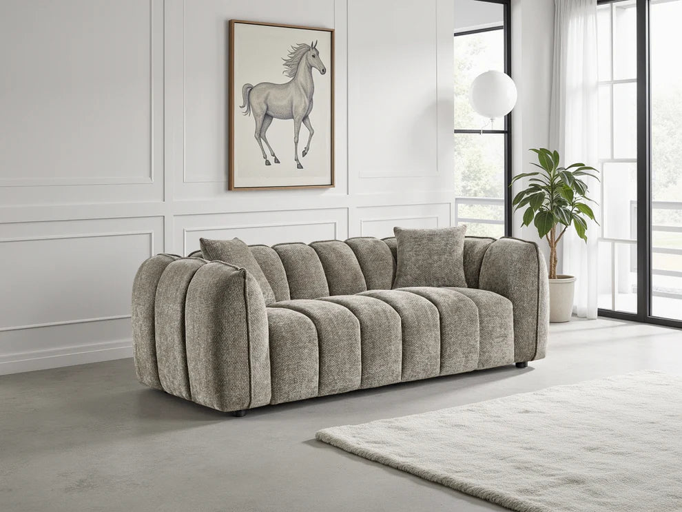 Mocha Fabric Channel Tufted Design 3 Seater Sofa