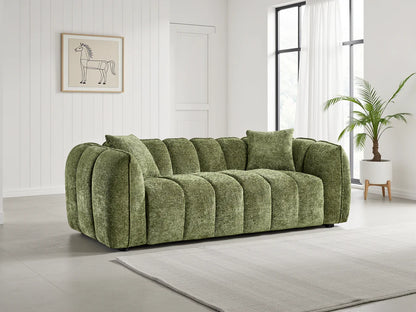 Olive Green Fabric Channel Tufted Design 3 Seater Sofa