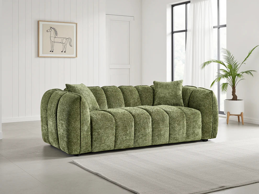 Olive Green Fabric Channel Tufted Design 3 Seater Sofa