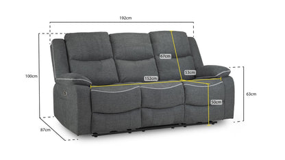 Grey Fabric 3 Seater High Back Electric Recliner Sofa