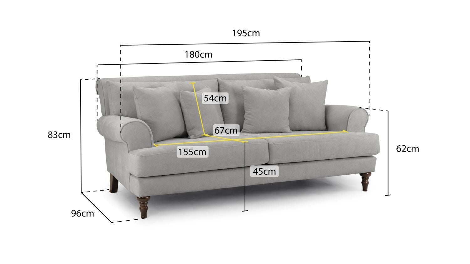 Beige Fabric 3 Seater Scrolled Arm Sofa with Wooden Feet