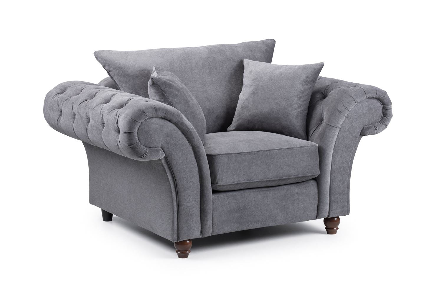 Grey Fabric Fullback Armchair Button Tufted Scroll Arms