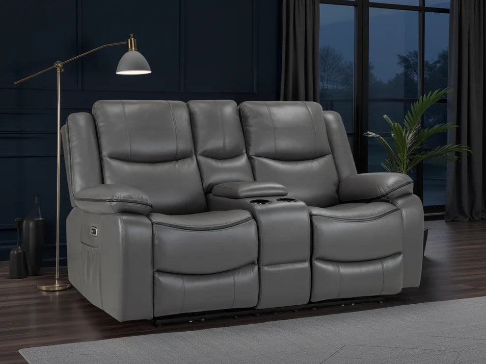Grey Leather 2 Seater High Back Electric Recliner Sofa
