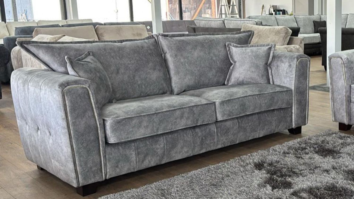 Silver Grey Velvet Effect Fabric 3 Seater High Back Sofa