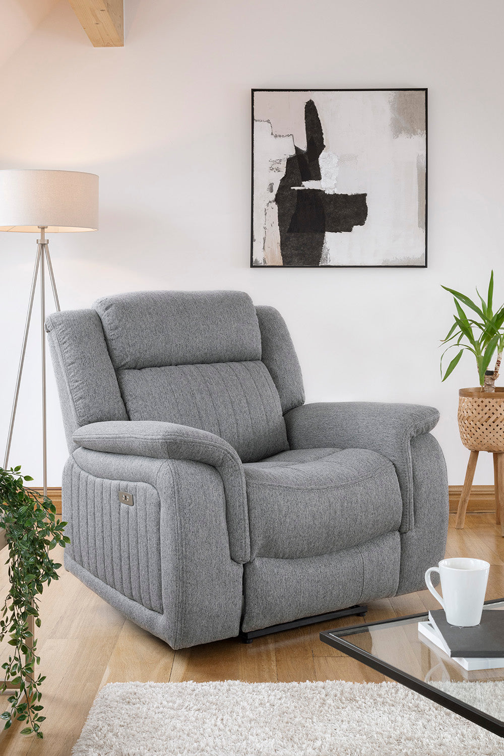 Grey Fabric Electric Recliner Armchair Pillow Top Arms