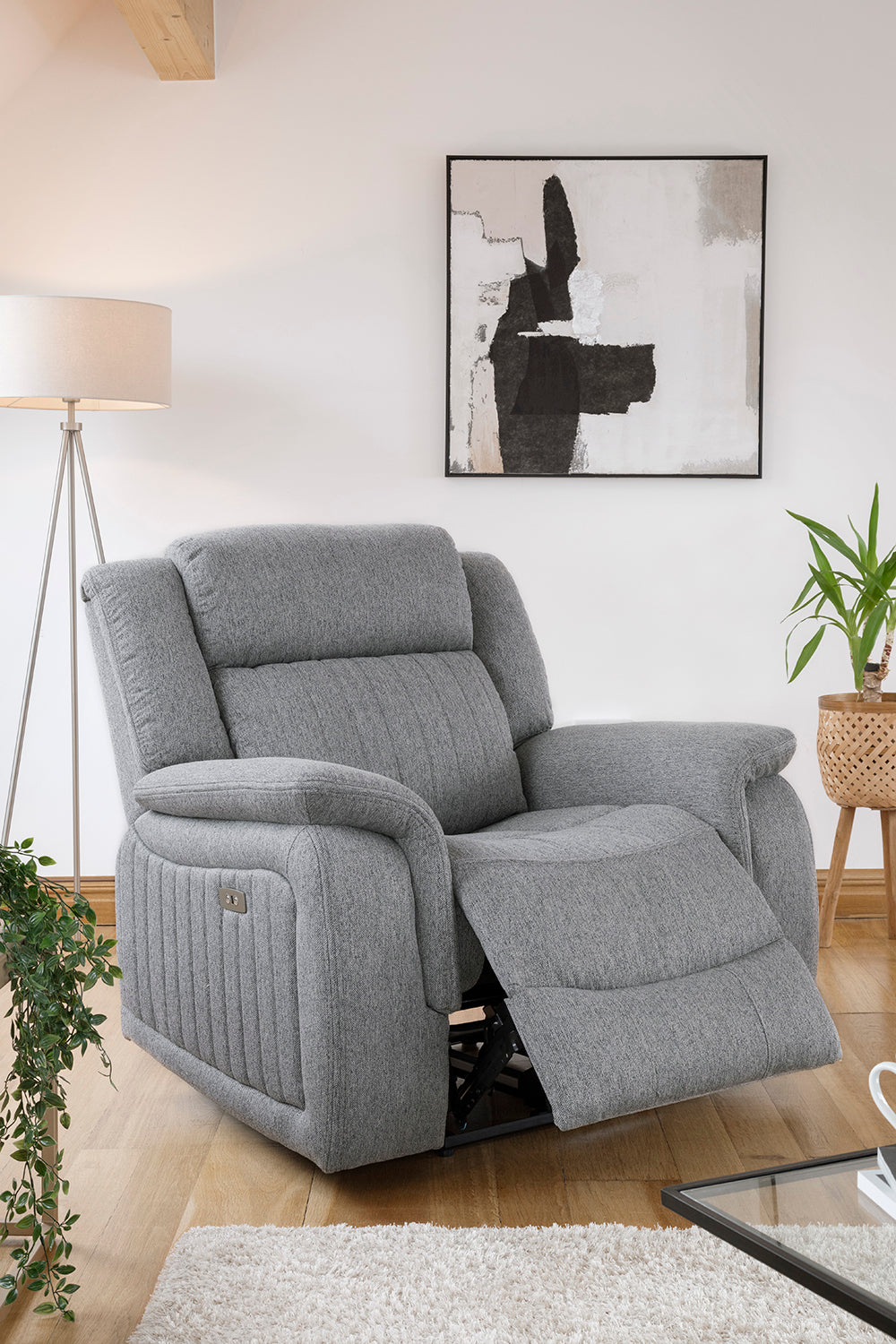 Grey Fabric Electric Recliner Armchair Pillow Top Arms