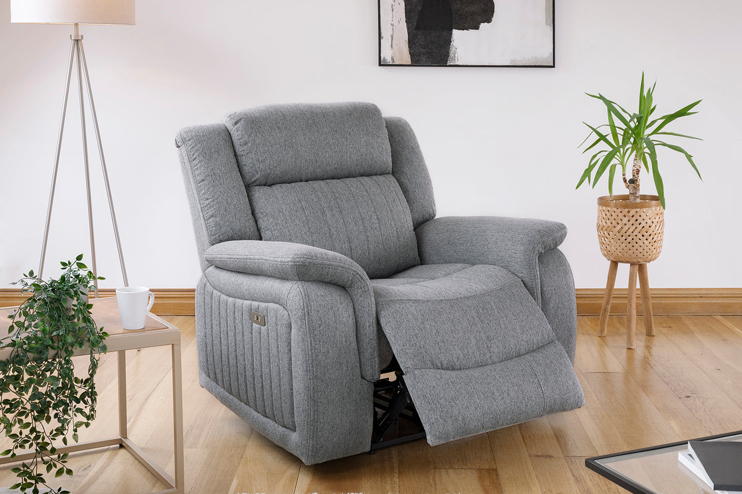 Grey Fabric Electric Recliner Armchair Pillow Top Arms