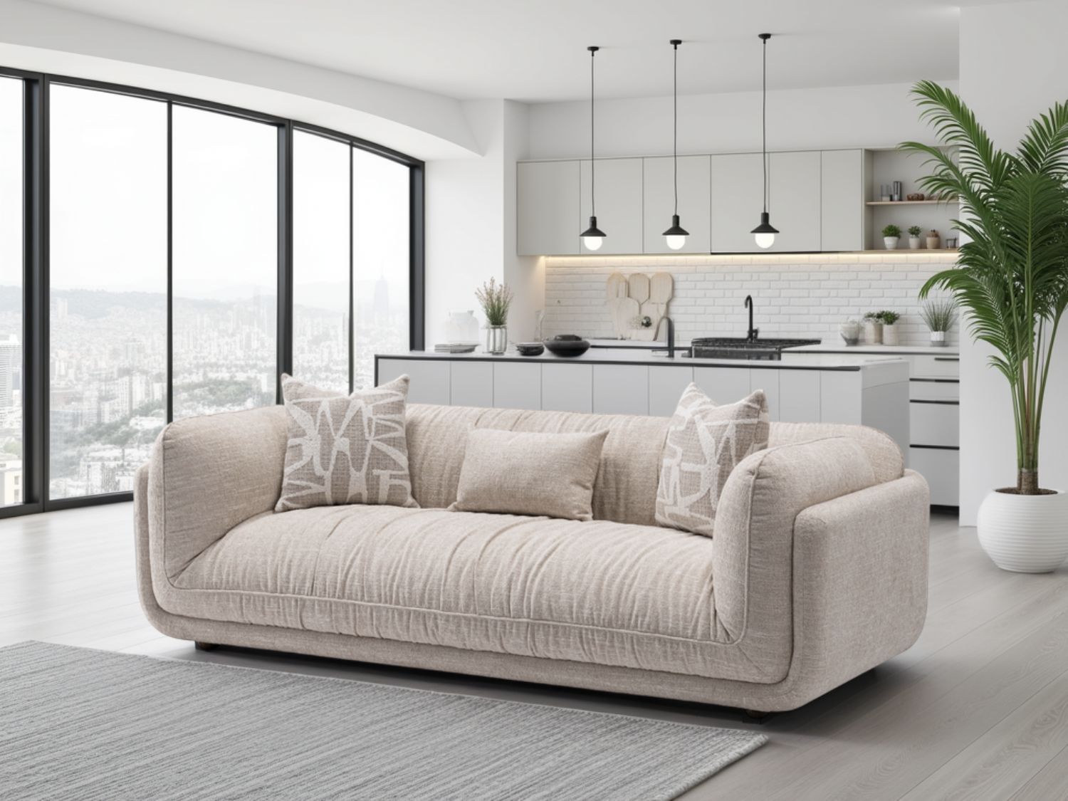 Beige Fabric 3 Seater Sofa with Scatter Cushions