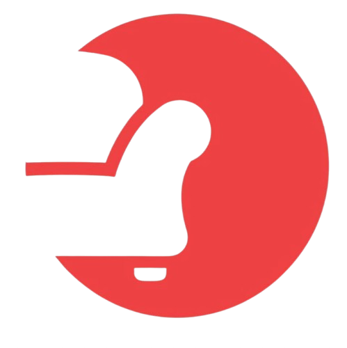 Red circle with a white silhouette of a person inside, resembling a hearing aid.