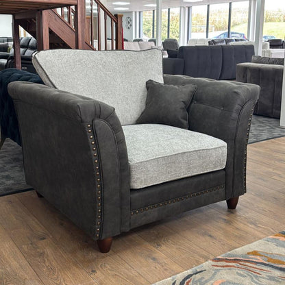Dual Tone Grey Velvet Fabric Buttoned Armchair
