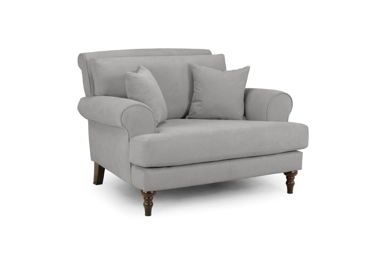 Grey Fabric Scrolled Armed Armchair Turned Wooden Legs