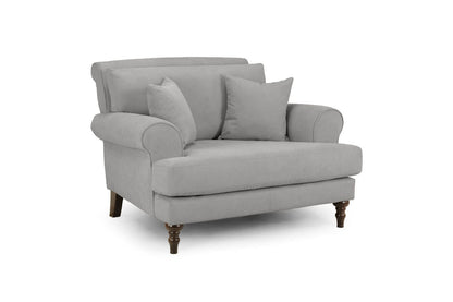 Grey Fabric Scrolled Armed Armchair Turned Wooden Legs