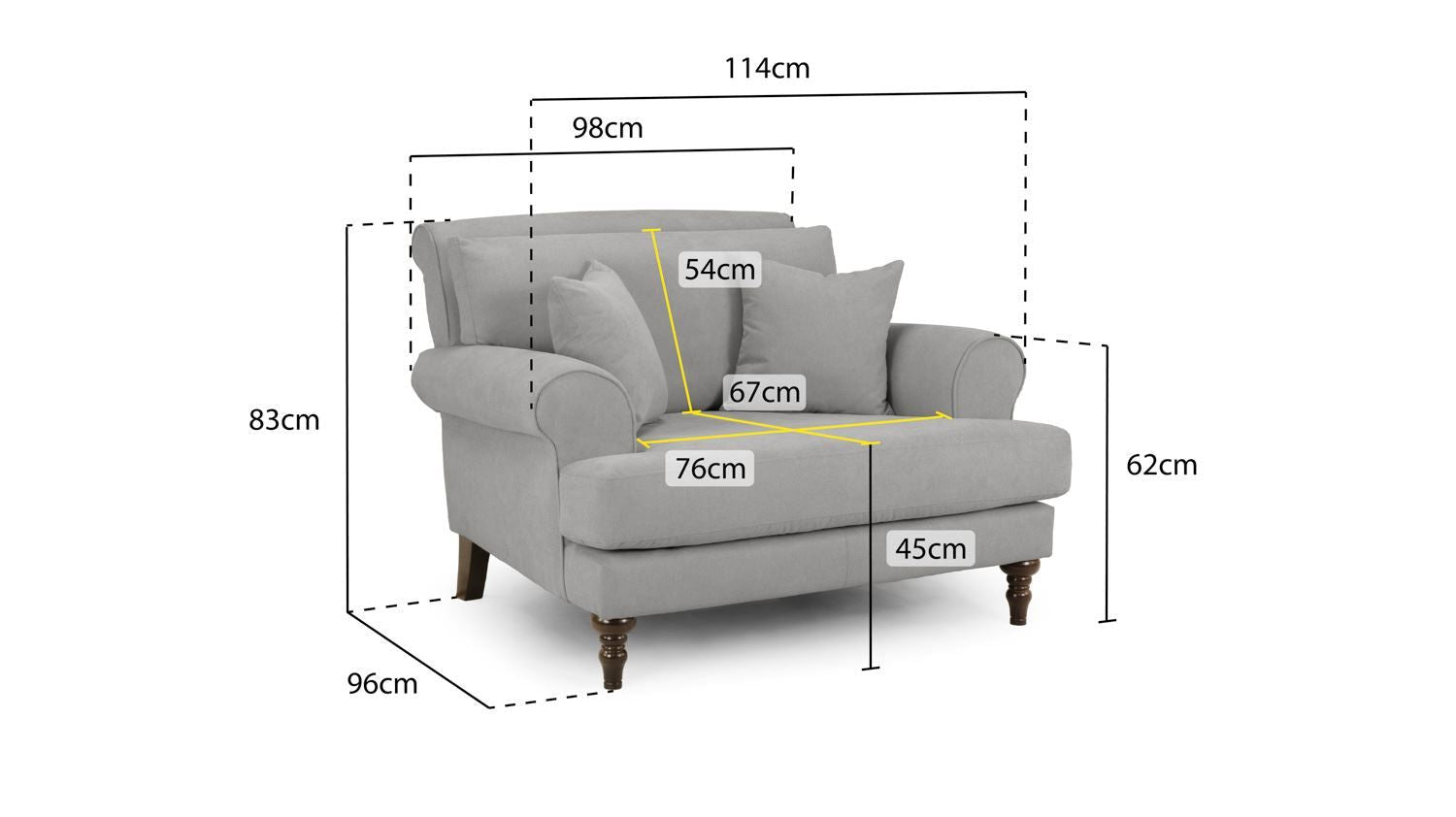 Grey Fabric Scrolled Armed Armchair Turned Wooden Legs