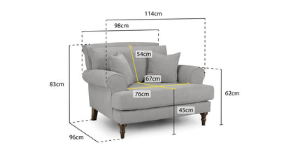 Grey Fabric Scrolled Armed Armchair Turned Wooden Legs