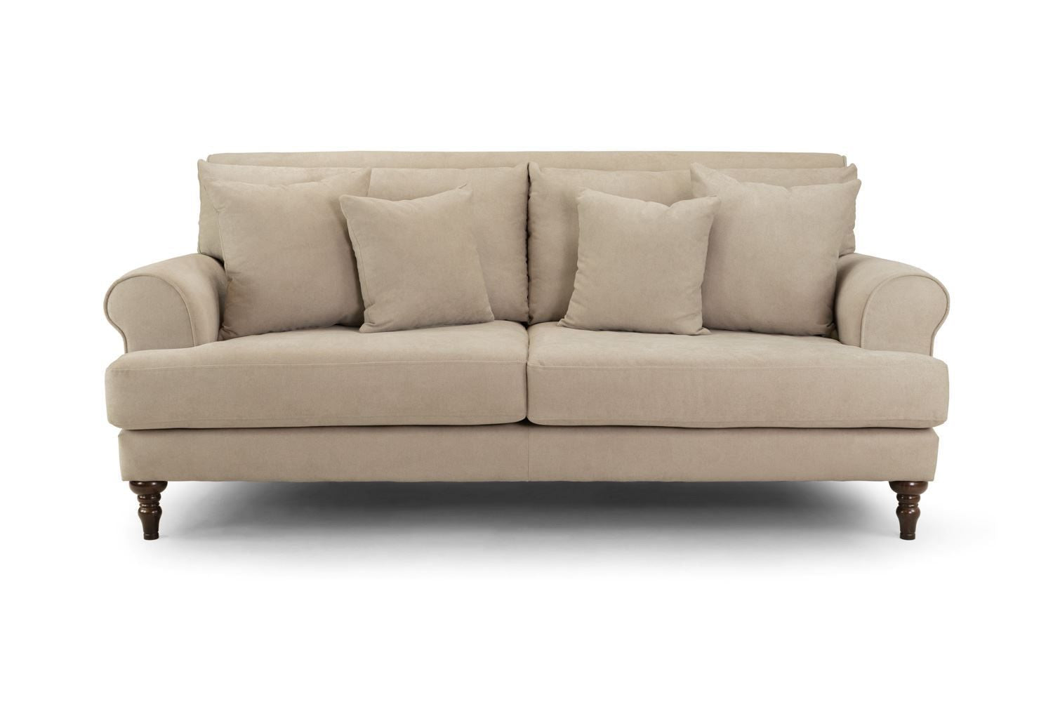 Beige Fabric 3 Seater Scrolled Arm Sofa with Wooden Feet
