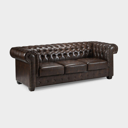 Antique Brown Bonded Leather 3 Seater Chesterfield Sofa
